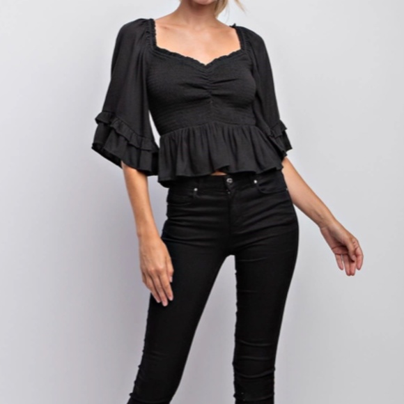 "The Sarah” Black Sweetheart Neckline Smocked Ruffle Top - Picture 4 of 6